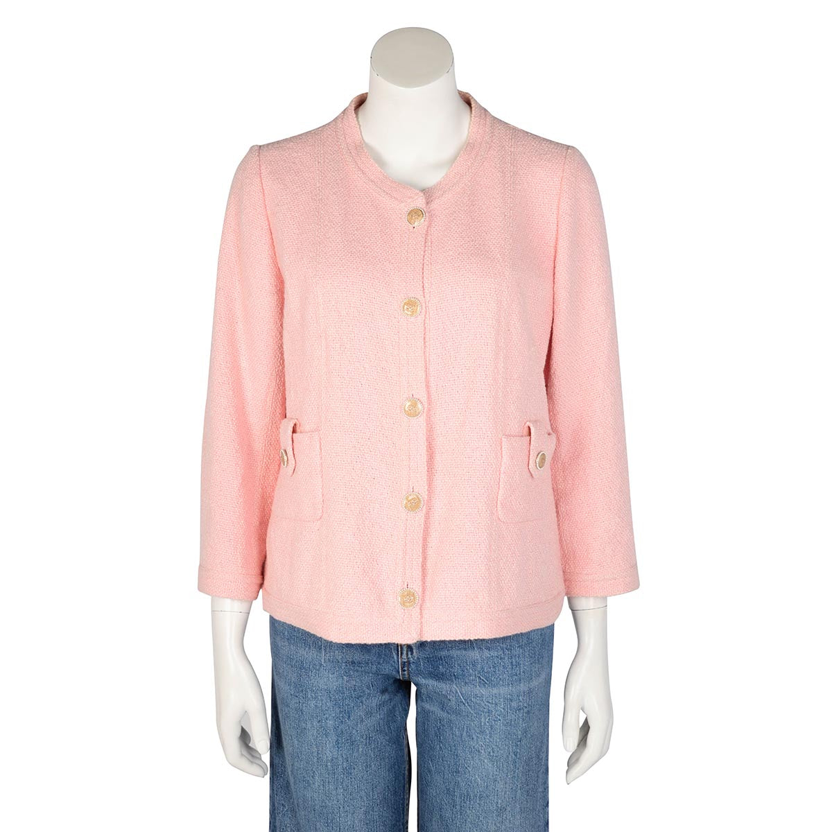 Chanel Pink Boucle Tweed Pearl CC Jacket FR 46
