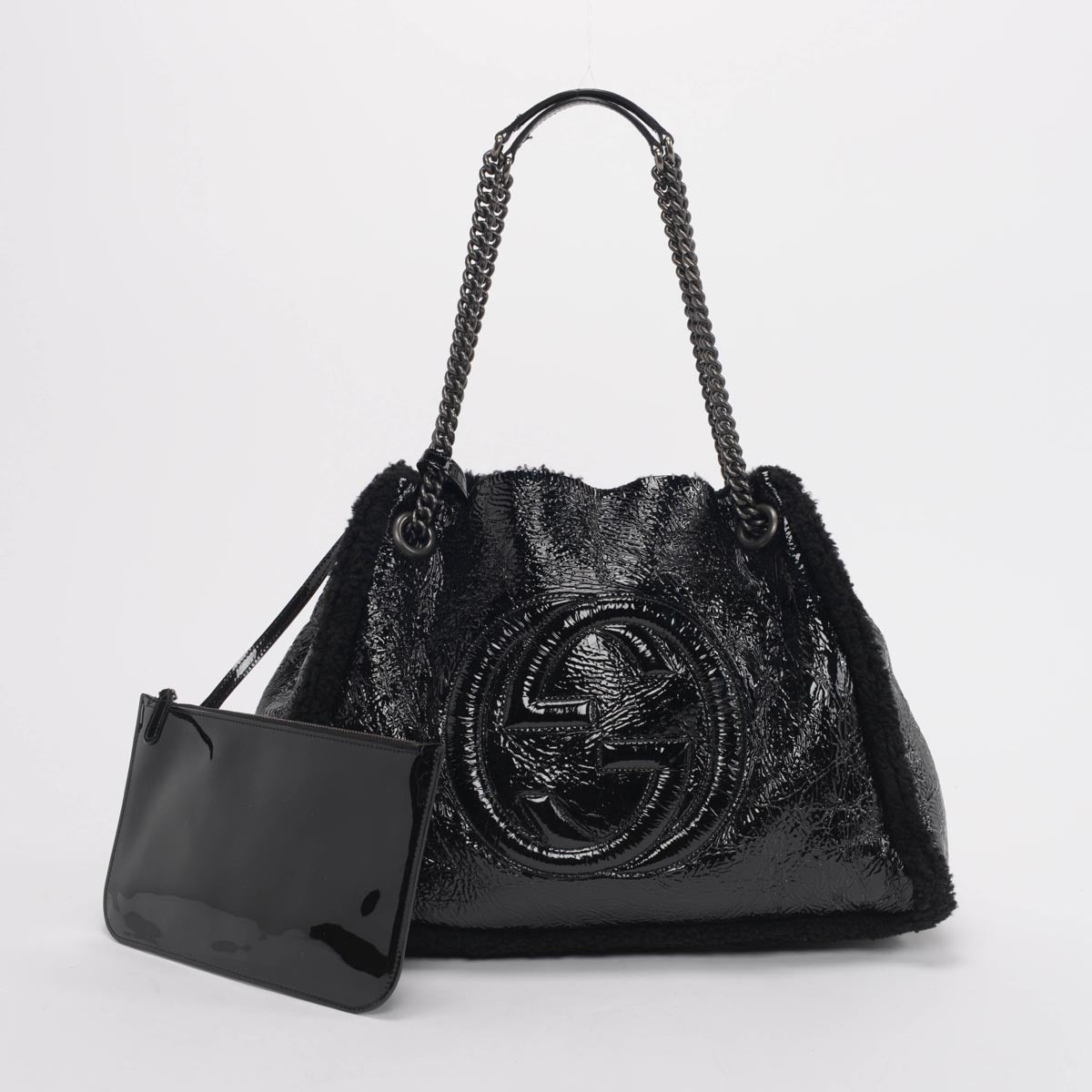 Gucci Black Patent Shearling Soho Chain Shoulder Bag