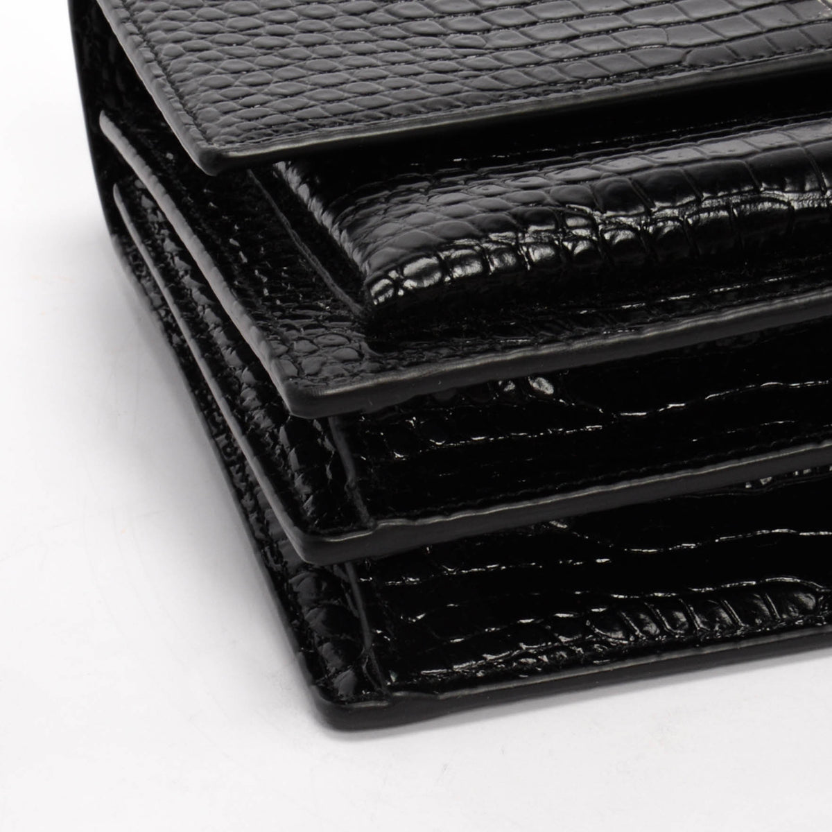 Saint Laurent Black Croc Embossed Medium Sunset Bag