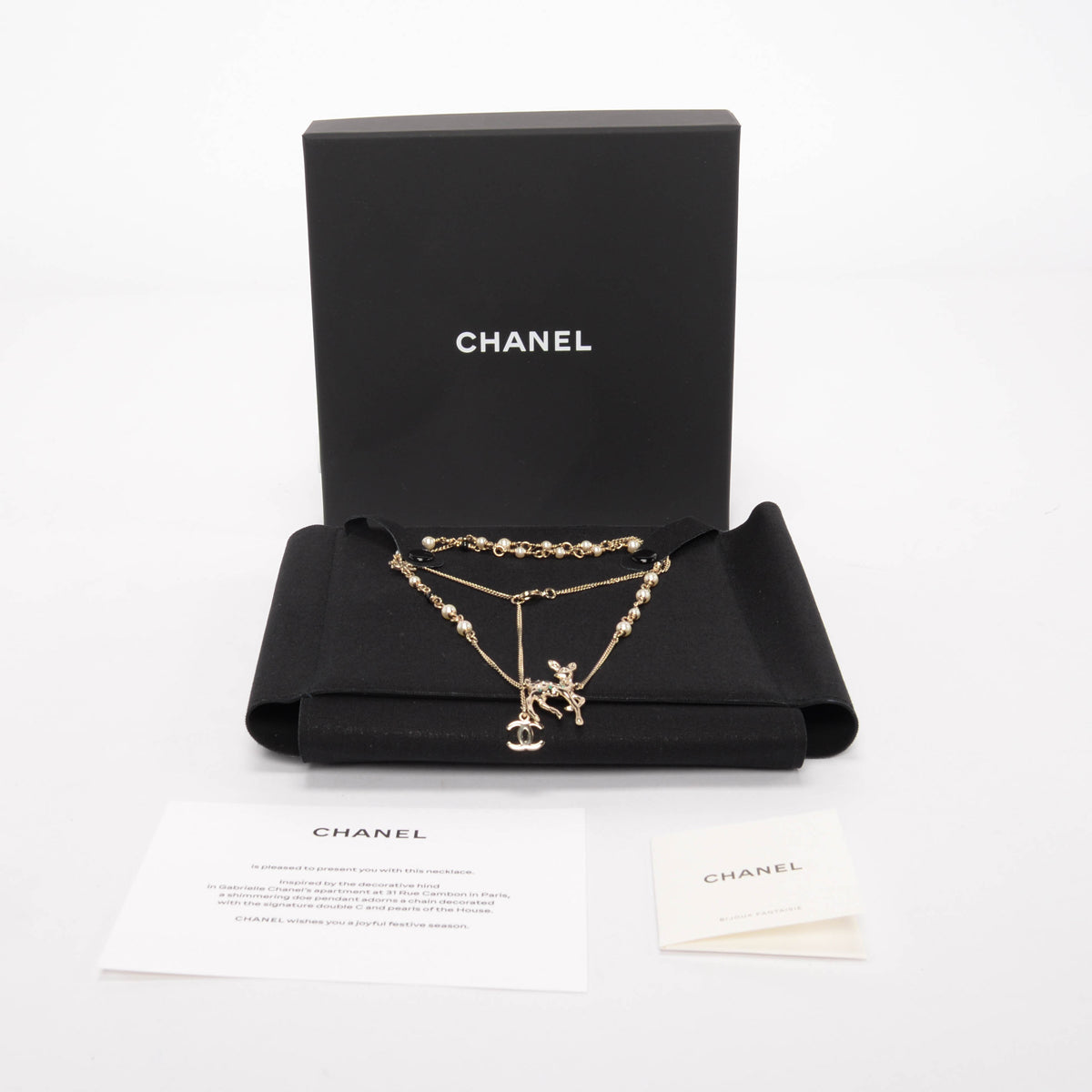 Chanel Light Gold & Emerald Crystal & Pearl Deer Pendant Necklace