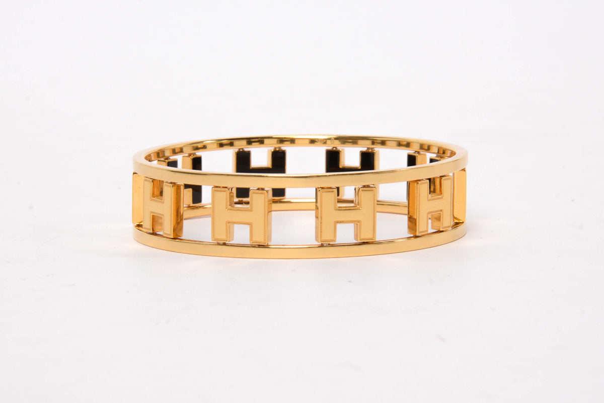 Hermes Black Enamel & Gold Plated Rondo Ash H Bangle