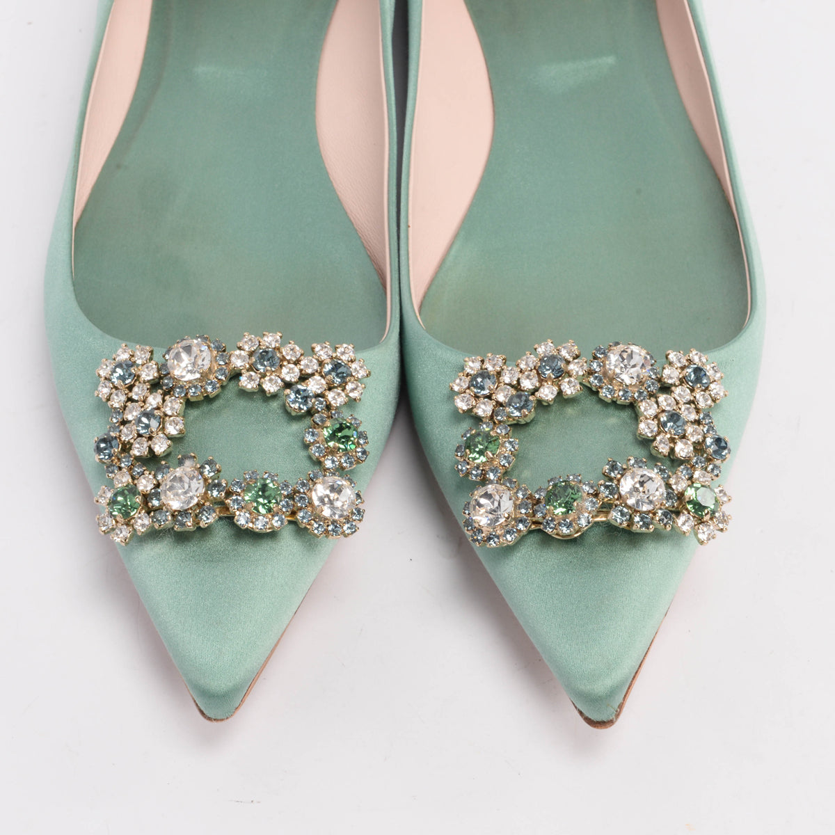 Roger Vivier Sage Green Satin Efflorescence Ballerina Flats 41.5