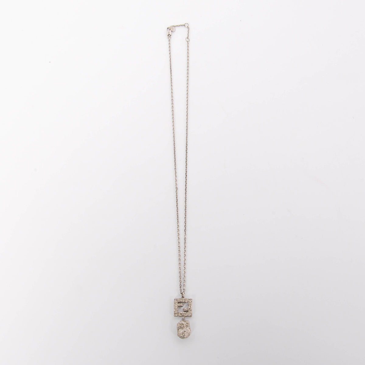 Fendi Silver Hammered Metal FF Drop Pendant Necklace