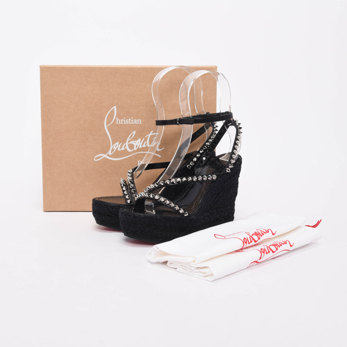 Christian Louboutin Black Raffia Mafaldina Zeppa Studded Wedges