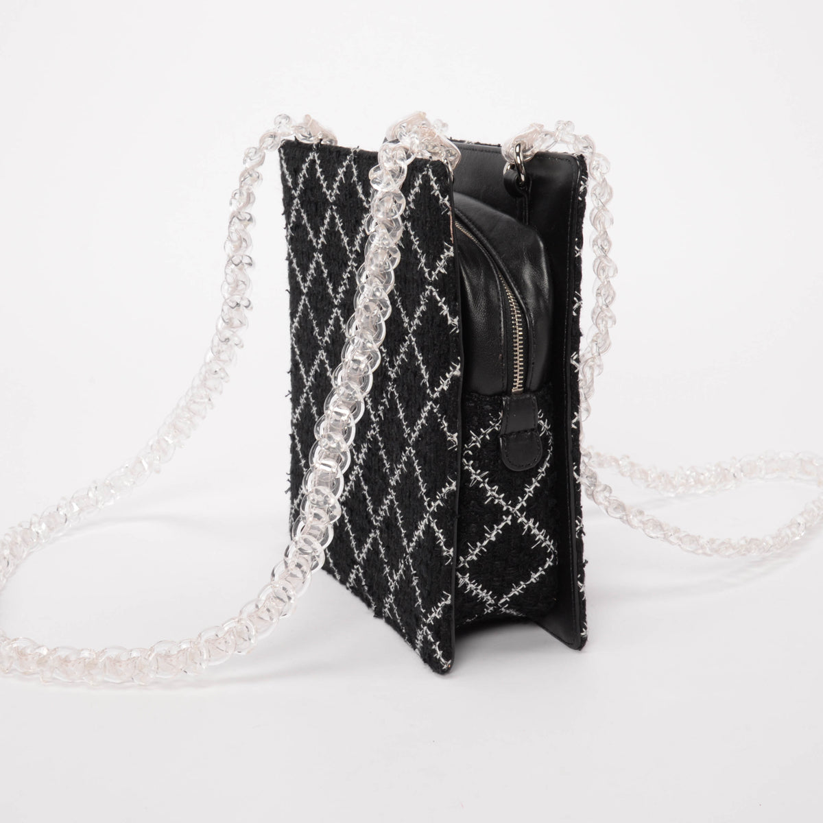 Chanel Black & White Diamond Tweed Resin Chain Shoulder Bag