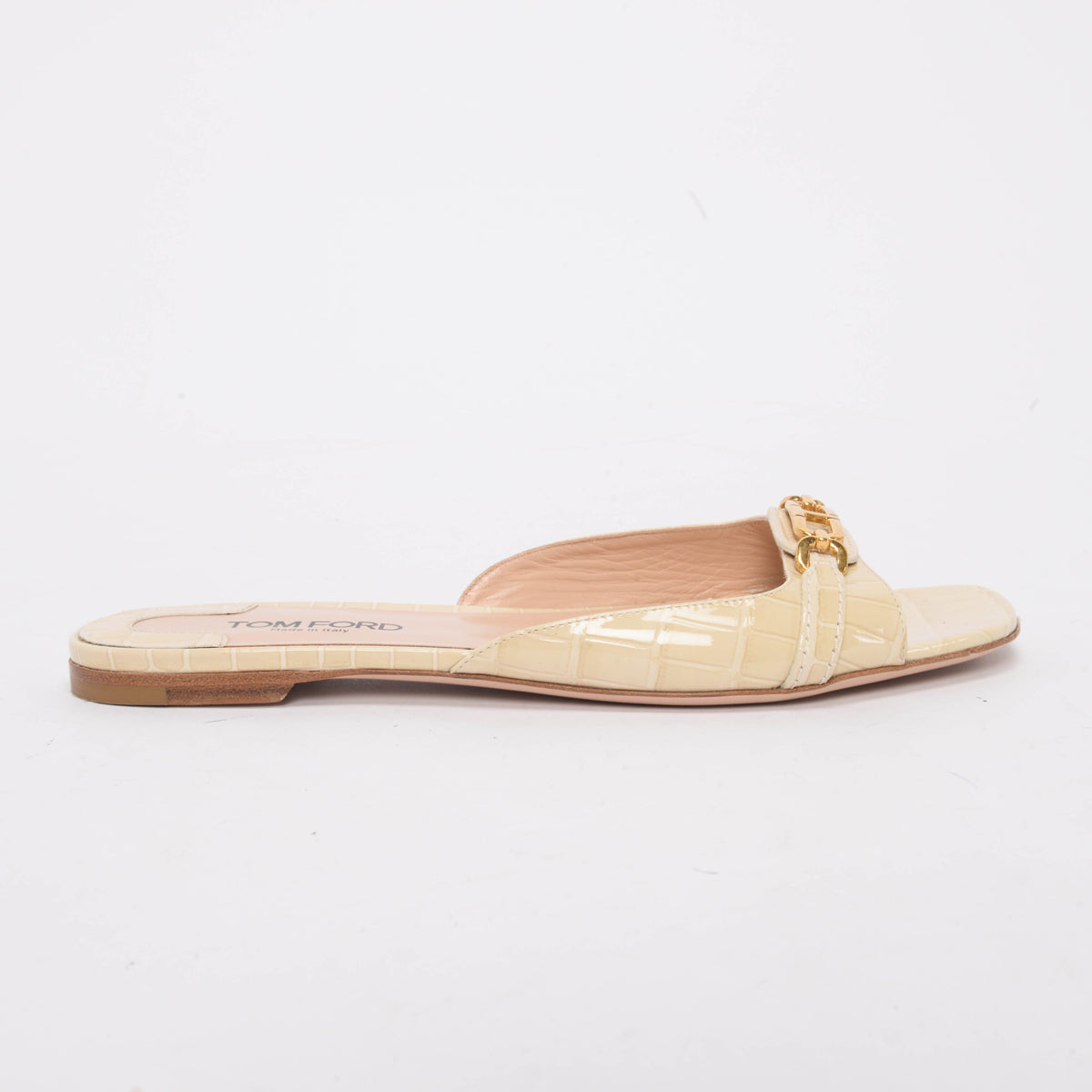 Tom Ford Beige Patent Croc Open Toe Flats 39