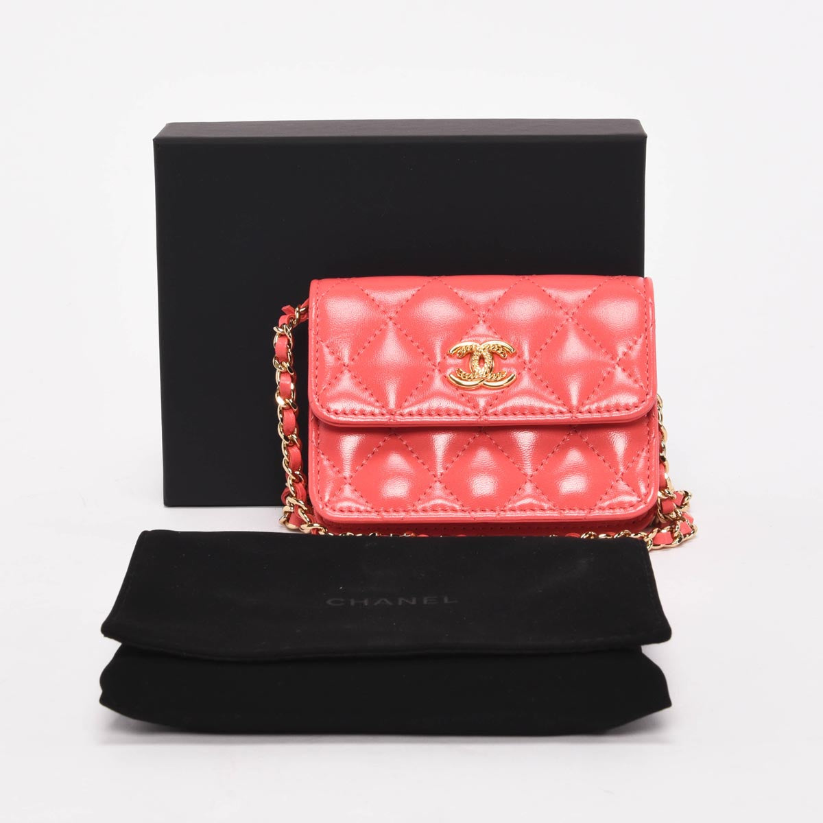 Chanel Coral Lambskin CC Clutch With Chain