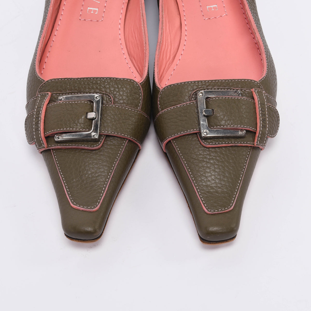 Loewe Khaki & Coral Calfskin Buckle Flats 36
