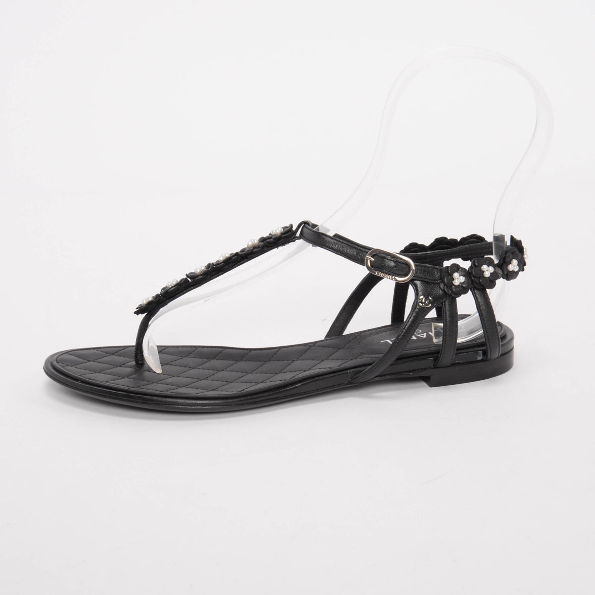 Chanel Black Lambskin & Pearl Camellia Thong Sandals 37