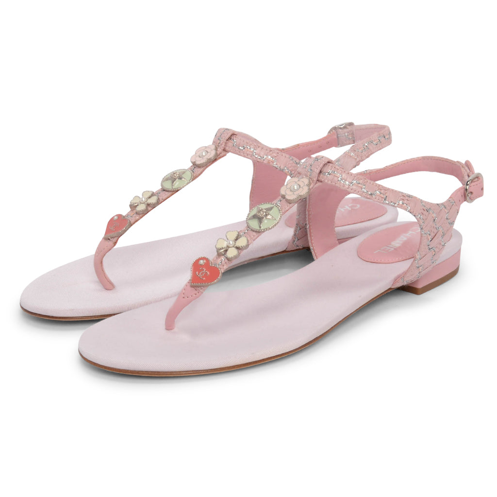 Chanel Pink Raffia CC Charms Thong Sandals 37