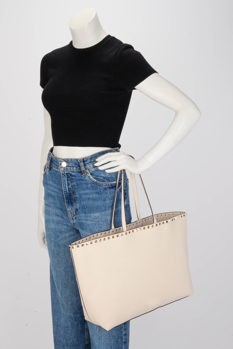 Valentino Ivory Grainy Calfskin Rockstud Tote