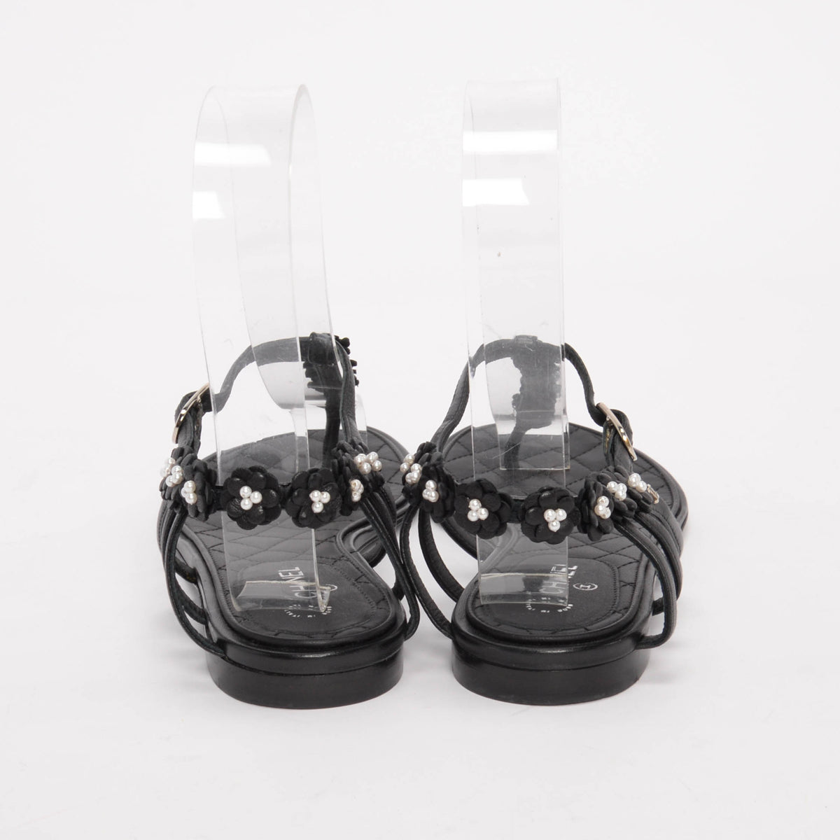 Chanel Black Lambskin & Pearl Camellia Thong Sandals 37