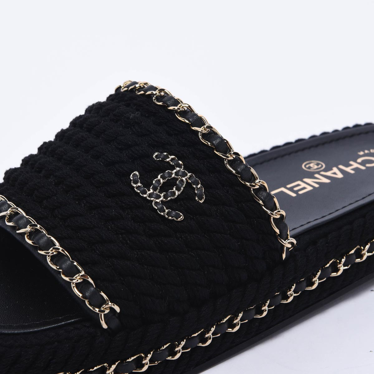 Chanel Black Braided Rope CC Platform Slides 38