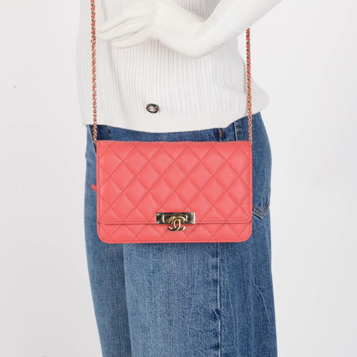 Chanel Pink Quilted Caviar Golden Class Wallet On Chain