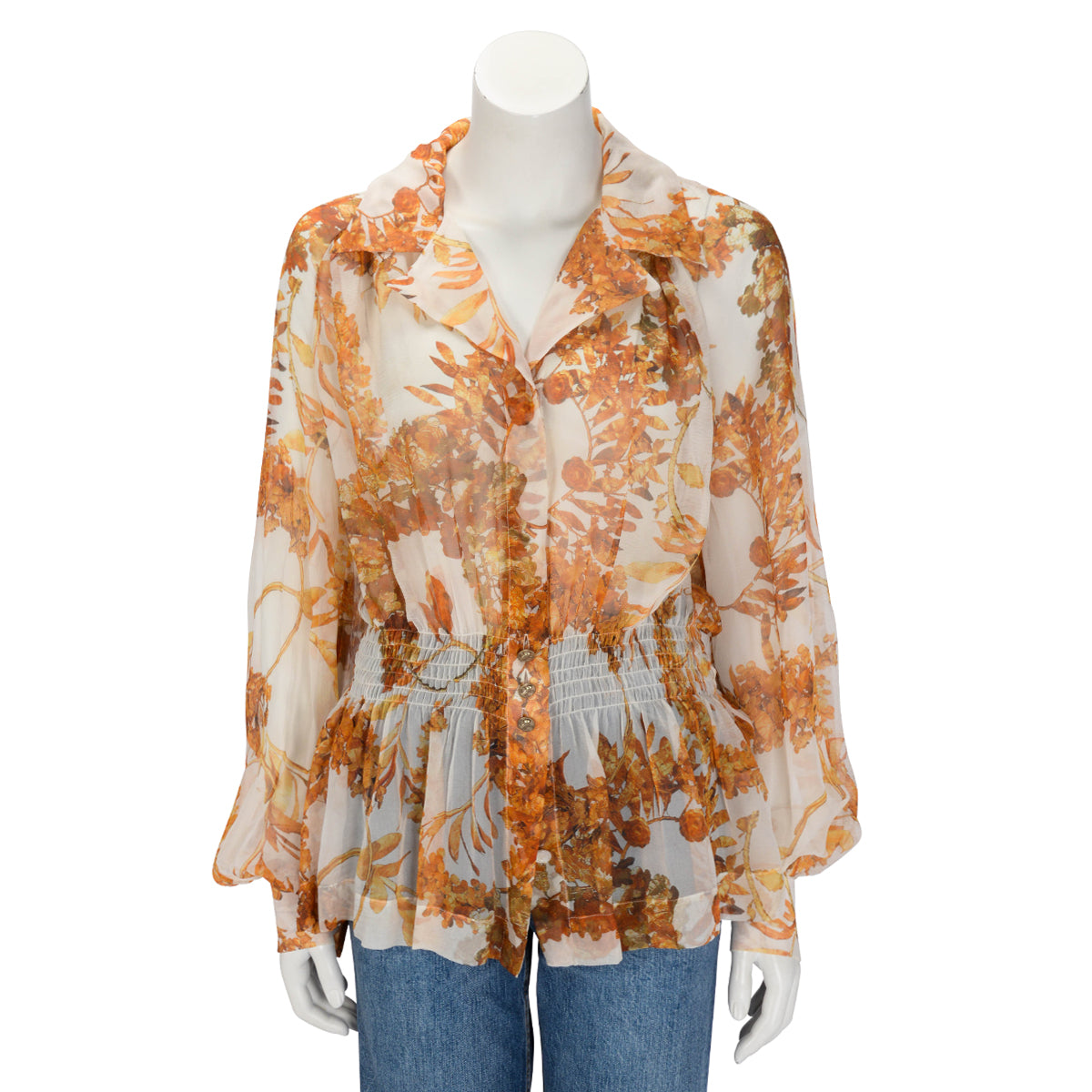 Chanel Cream Floral Silk Chiffon Shirred Waist Blouse FR 46