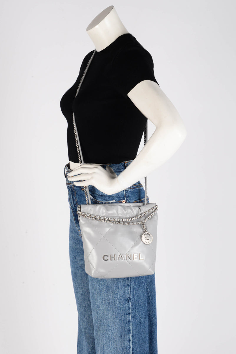 Chanel Light Grey Shiny Calfskin Mini 22 Bag