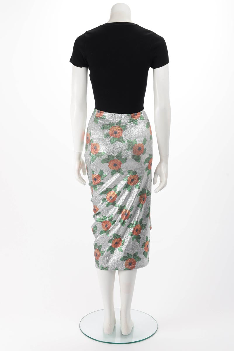 Paco Rabanne Silver Lurex Floral Print Ruched Skirt IT 36