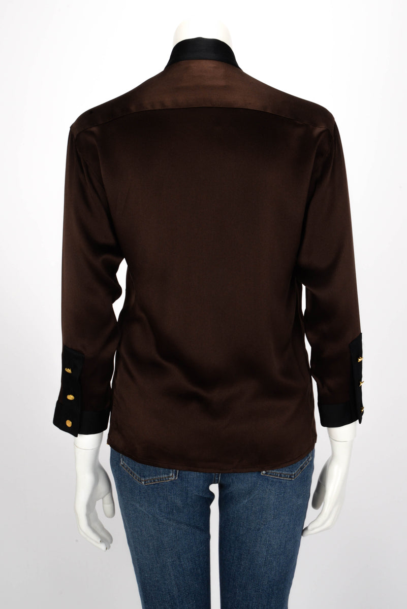 Chanel Brown Satin Tie Neck Blouse FR 38