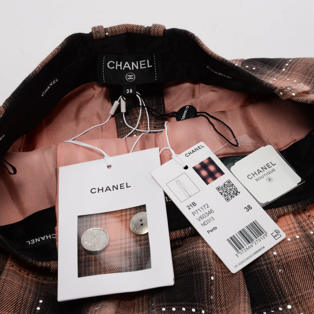 Chanel Pink & Black Cotton Check Sequined Pants FR 38