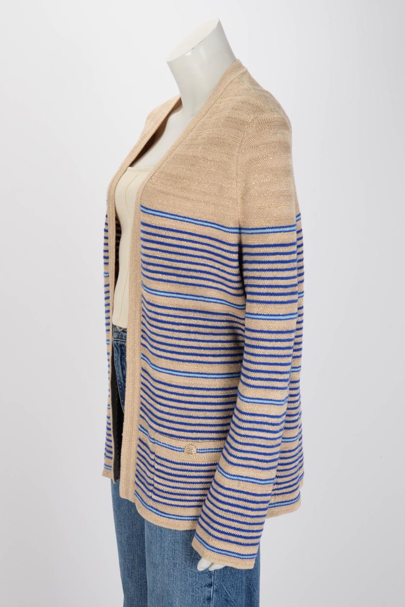 Chanel Beige & Blue Metallic Knit Striped Cardigan FR 48