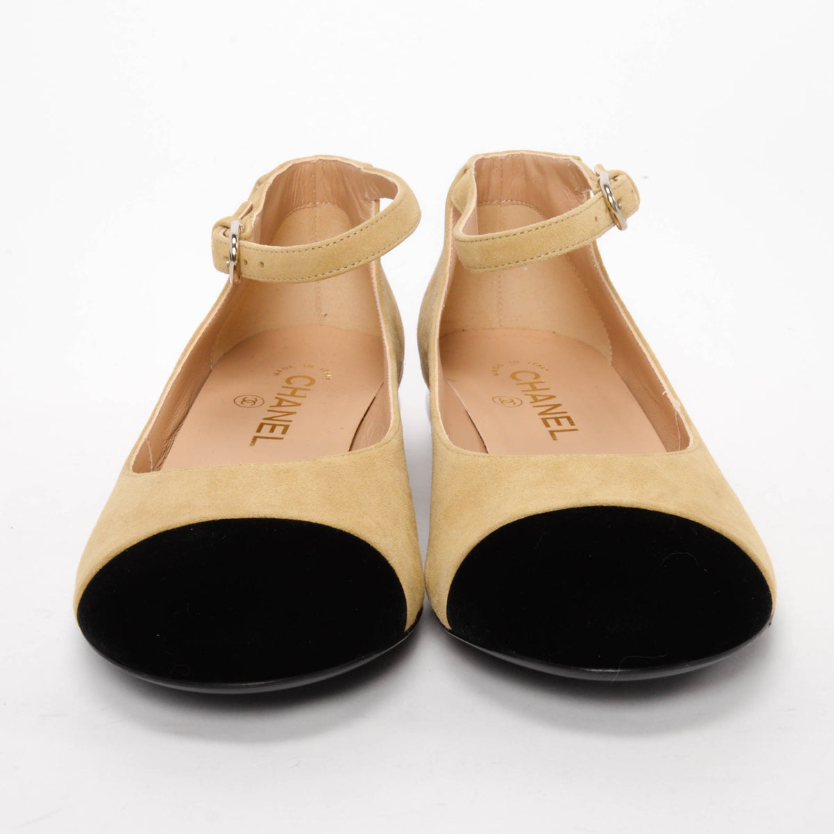 Chanel Beige & Black Suede & Velvet Cap Toe Mary Janes 38.5