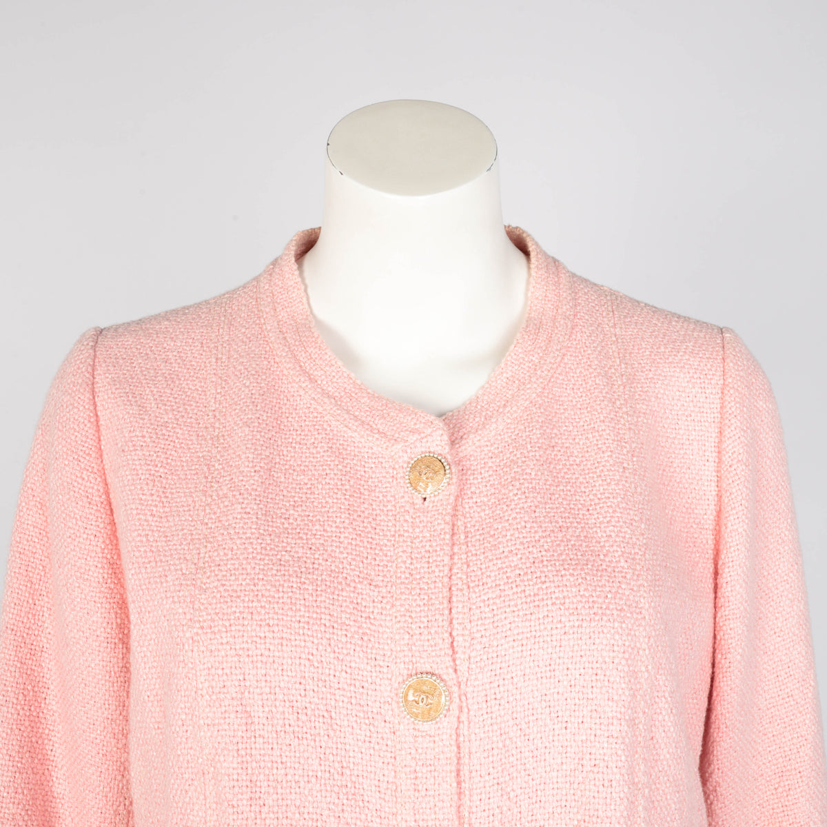 Chanel Pink Boucle Tweed Pearl CC Jacket FR 46