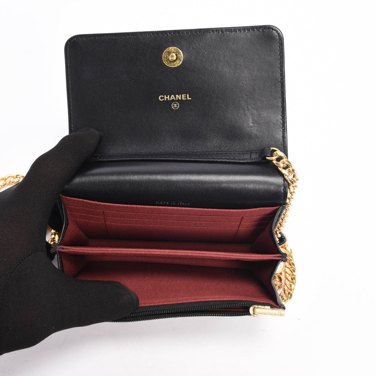 Chanel Black Quilted Lambskin CC Pearl Enamel Wallet on Chain