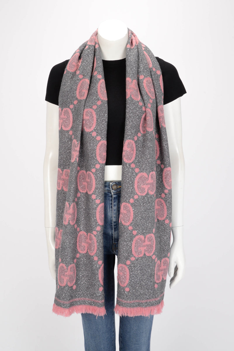 Gucci Pink & Grey Lame GG Jacquard Fringed Scarf
