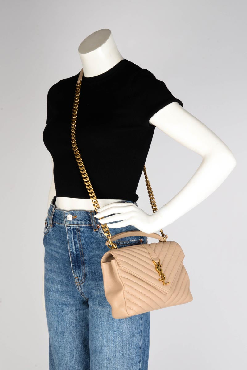 Saint Laurent Beige Chevron Calfskin Medium College Bag