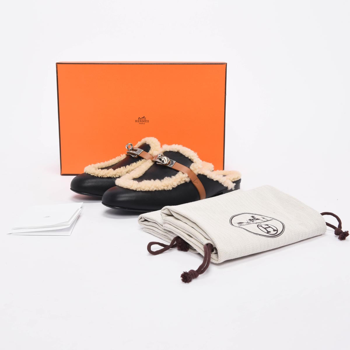 Hermes Black & Natural Goatskin & Shearling Oz Mules 39