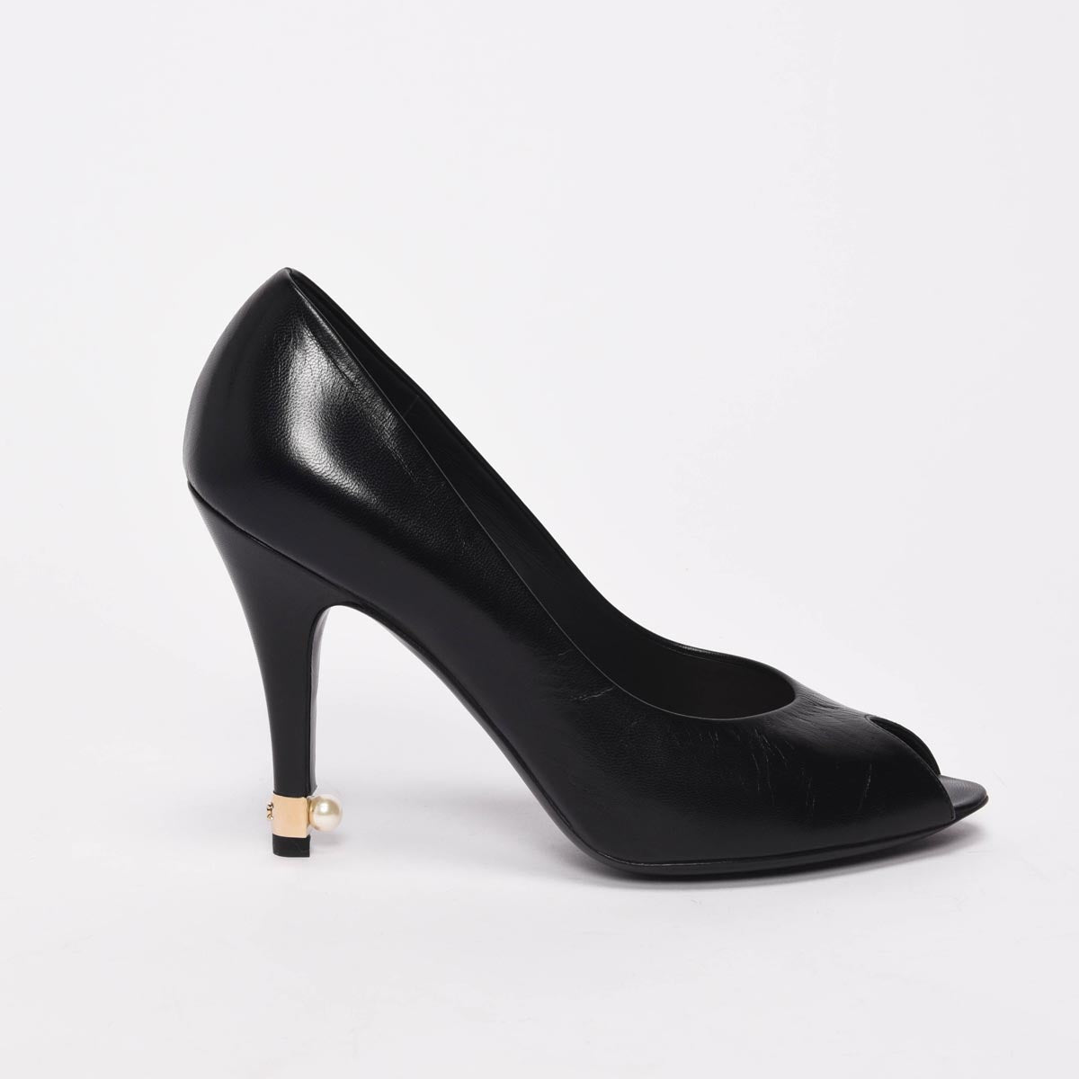 Chanel Black Lambskin Pearl Detail Peep Toe Pumps 37.5