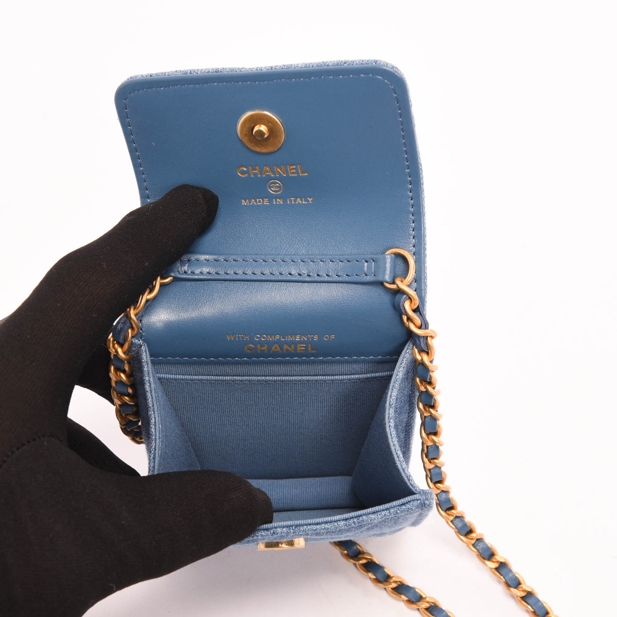 Chanel Blue Quilted Denim Flap Clutch With Chain