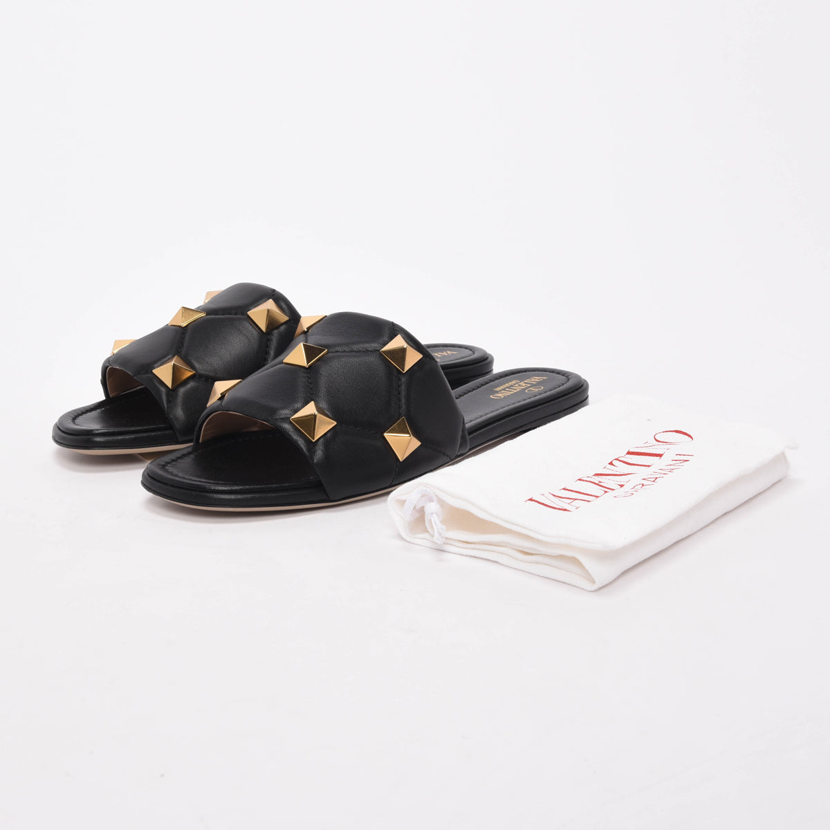 Valentino Black Lambskin Roman Stud Flat Slides 39