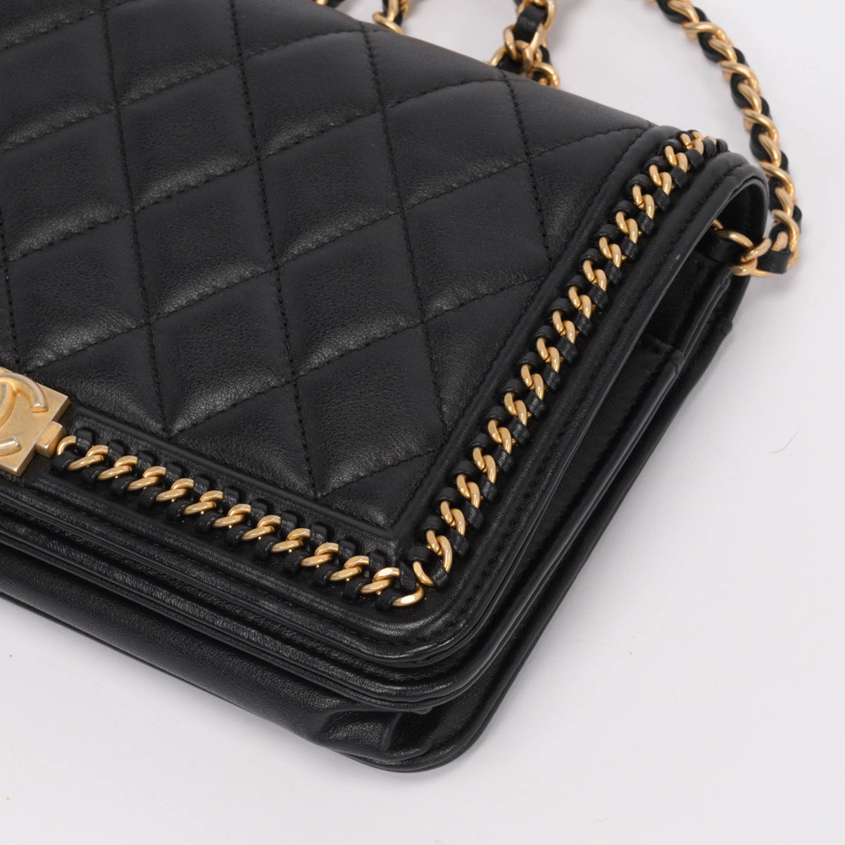 Chanel Black Lambskin Chain Around Boy Wallet On Chain