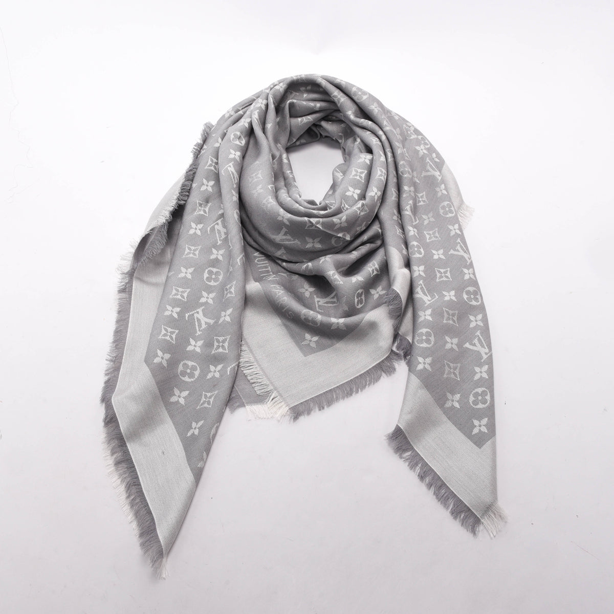 Louis Vuitton Pearl Grey Silk & Wool Denim Monogram Shawl