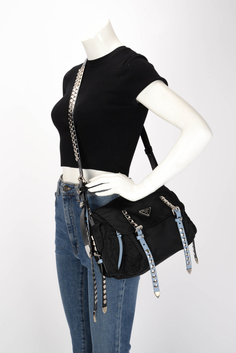 Prada Black Nylon New Vela Studded Messenger Bag