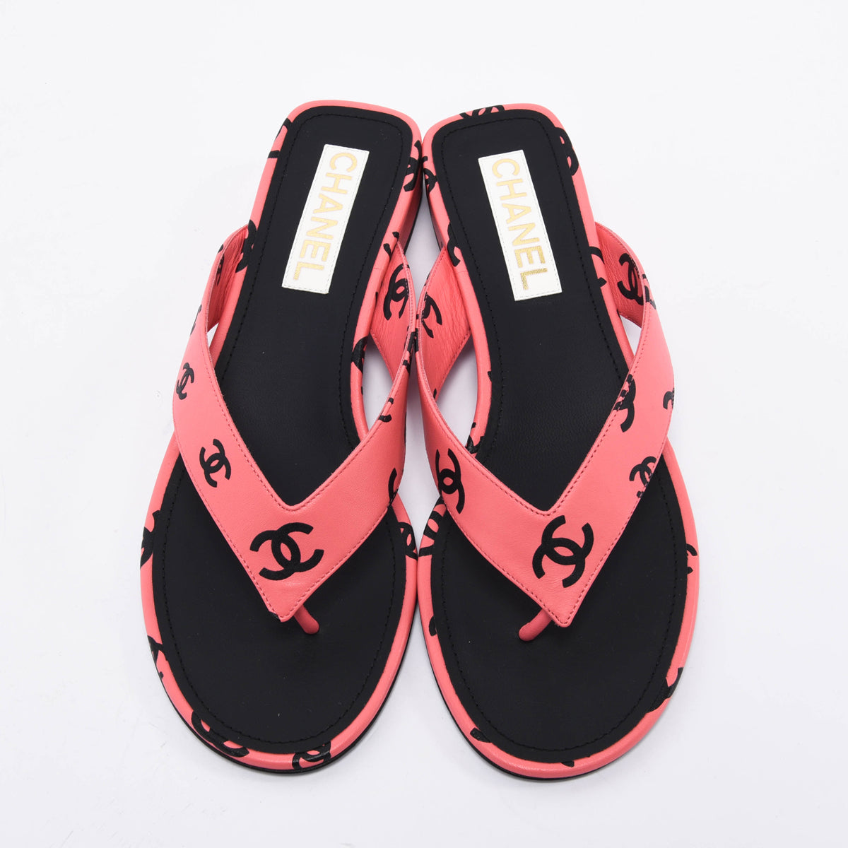 Chanel Pink & Black Lambskin CC Printed Thong Sandals 40