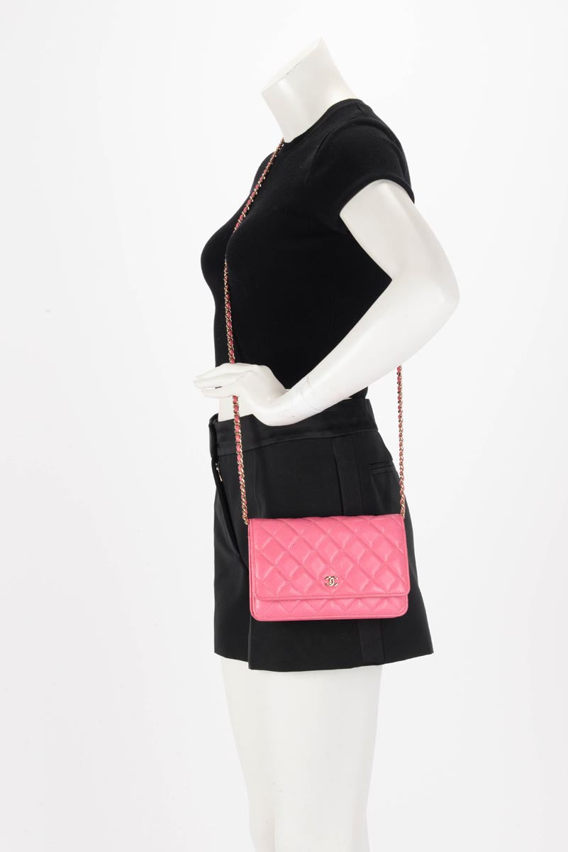 Chanel Pink Quilted Caviar Classic Wallet On Chain