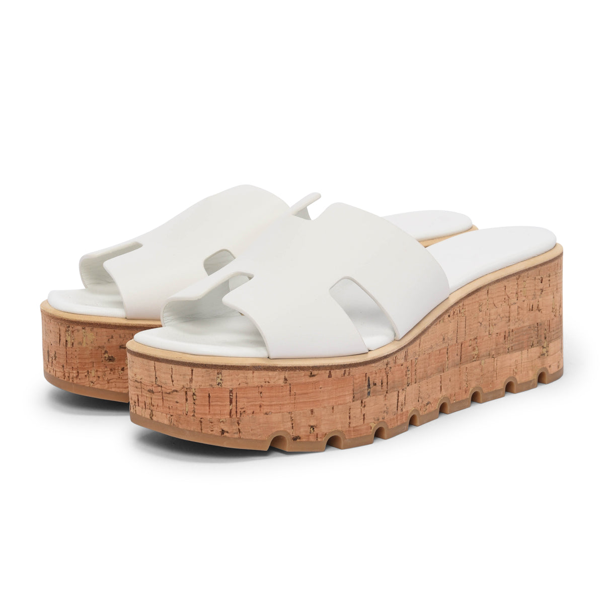 Hermes White Calfskin & Cork Eze 30 Wedges 40