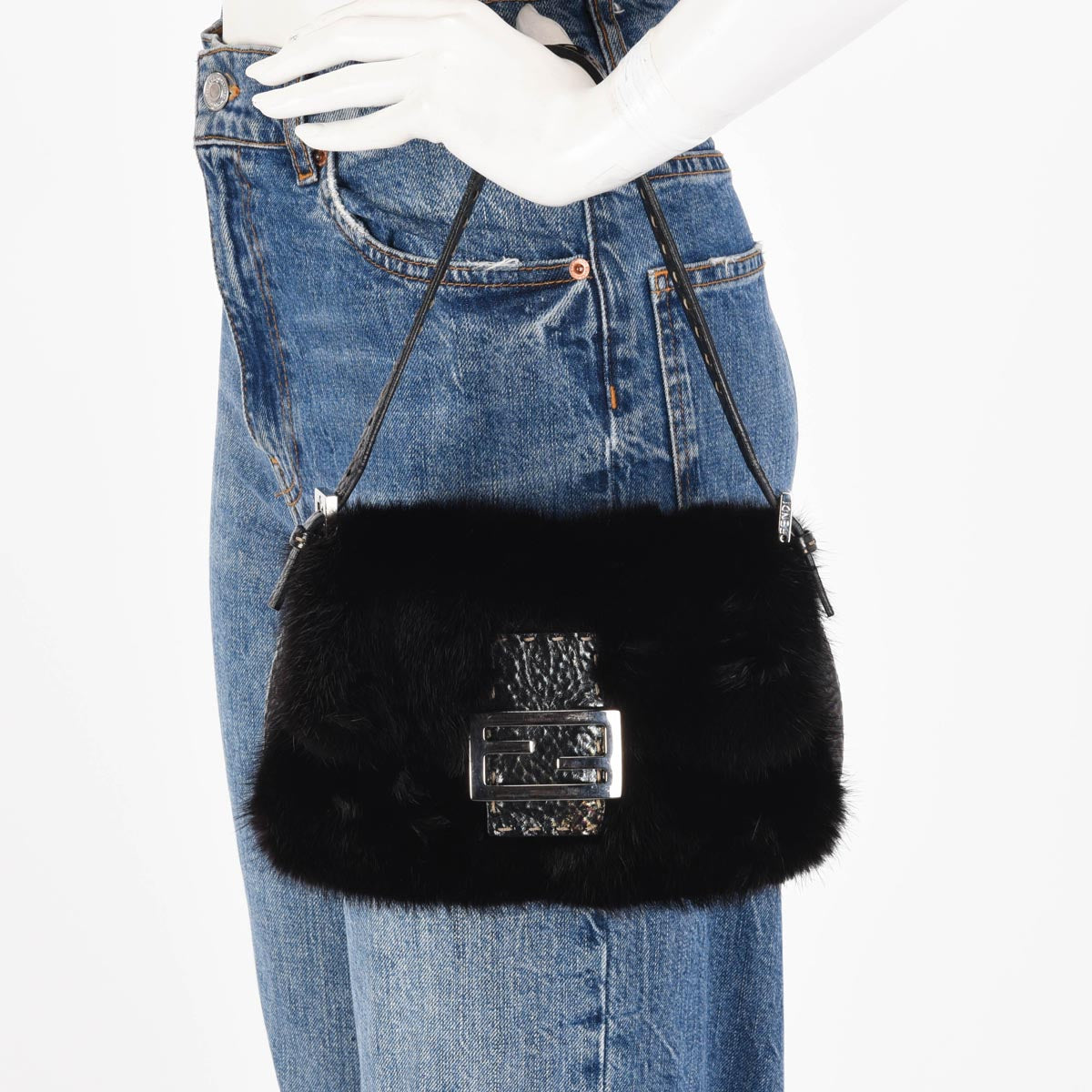 Fendi Black Fur Selleria Mini Baguette Bag