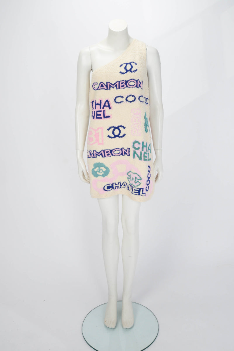 Chanel Multi Colour Cotton Logo One Shoulder Mini Dress FR 42