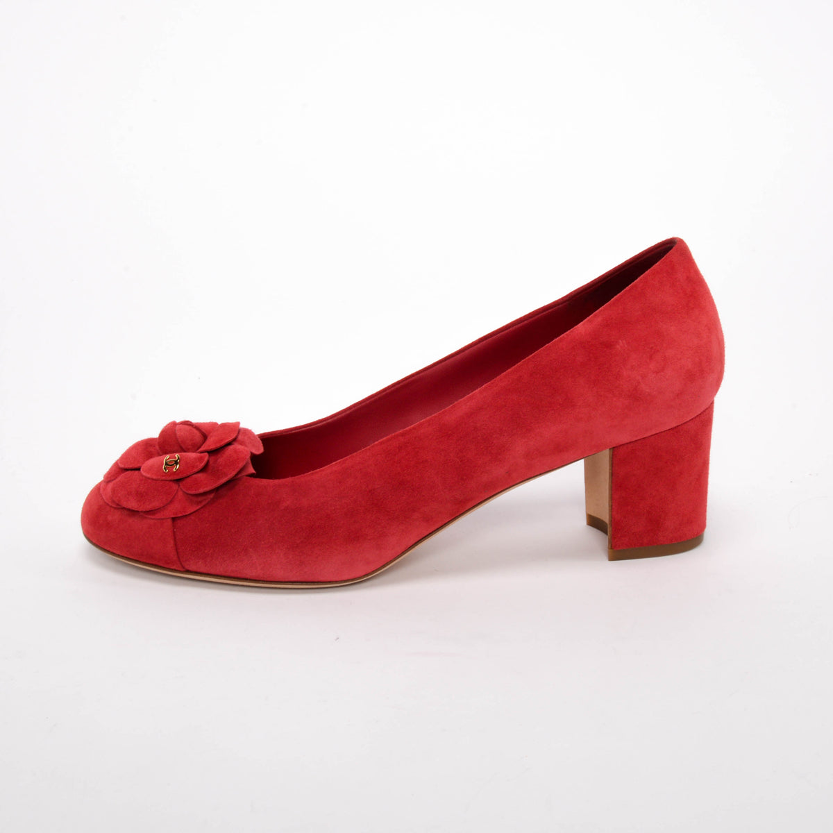 Chanel Red Suede Camellia Pumps 40.5