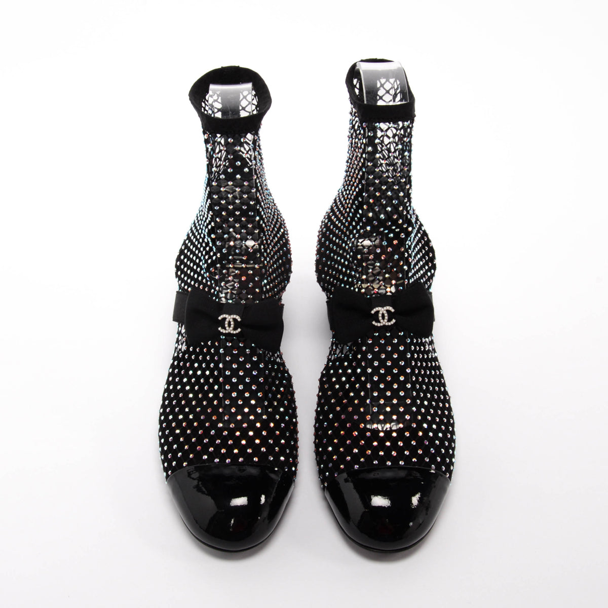 Chanel Black Crystal Net Mary Jane Short Boots 38.5
