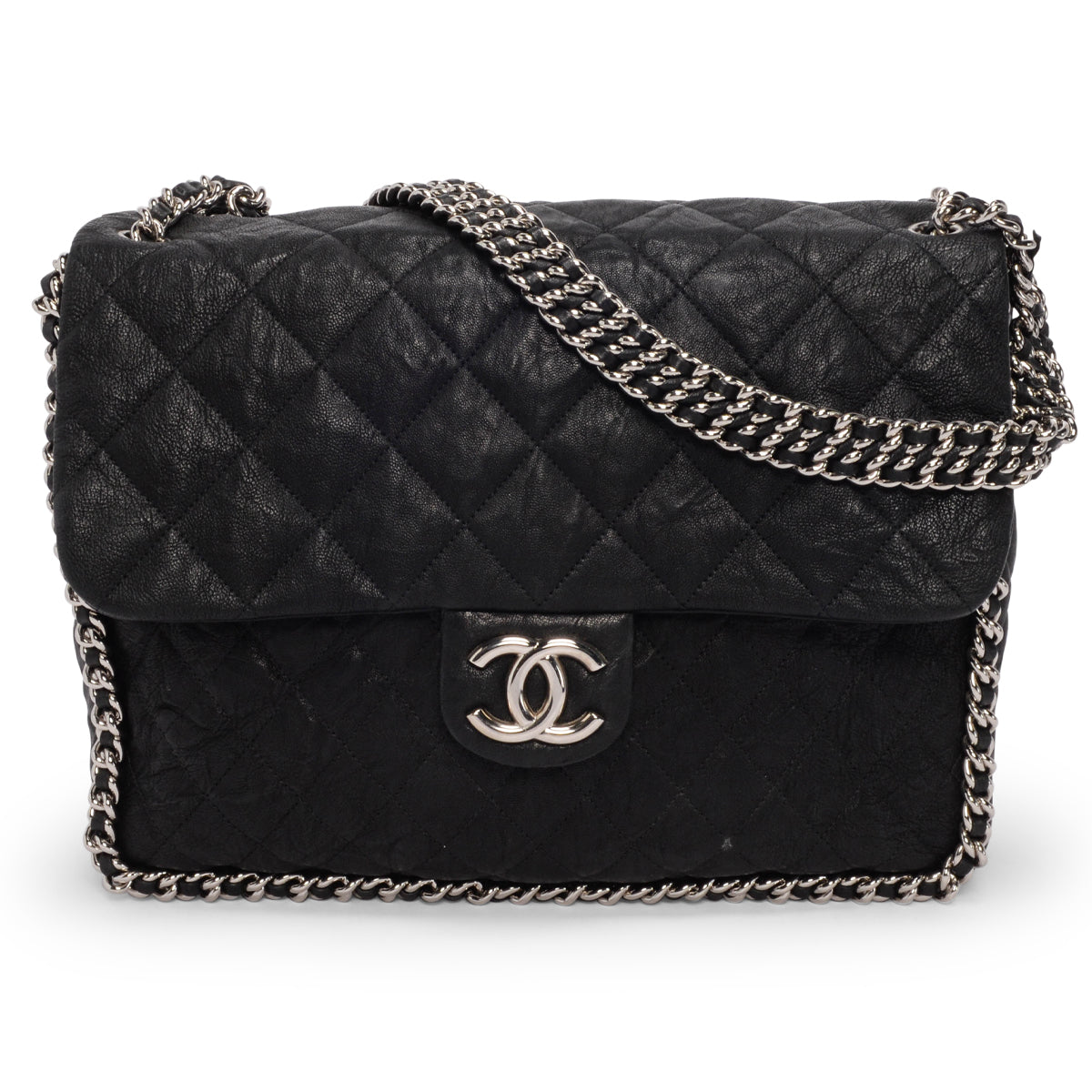 Chanel Black Washed Lambskin Maxi Chain Around Flap Bag