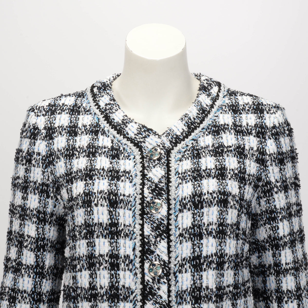 Chanel Blue Check Tweed Braided Trim Jacket FR 40