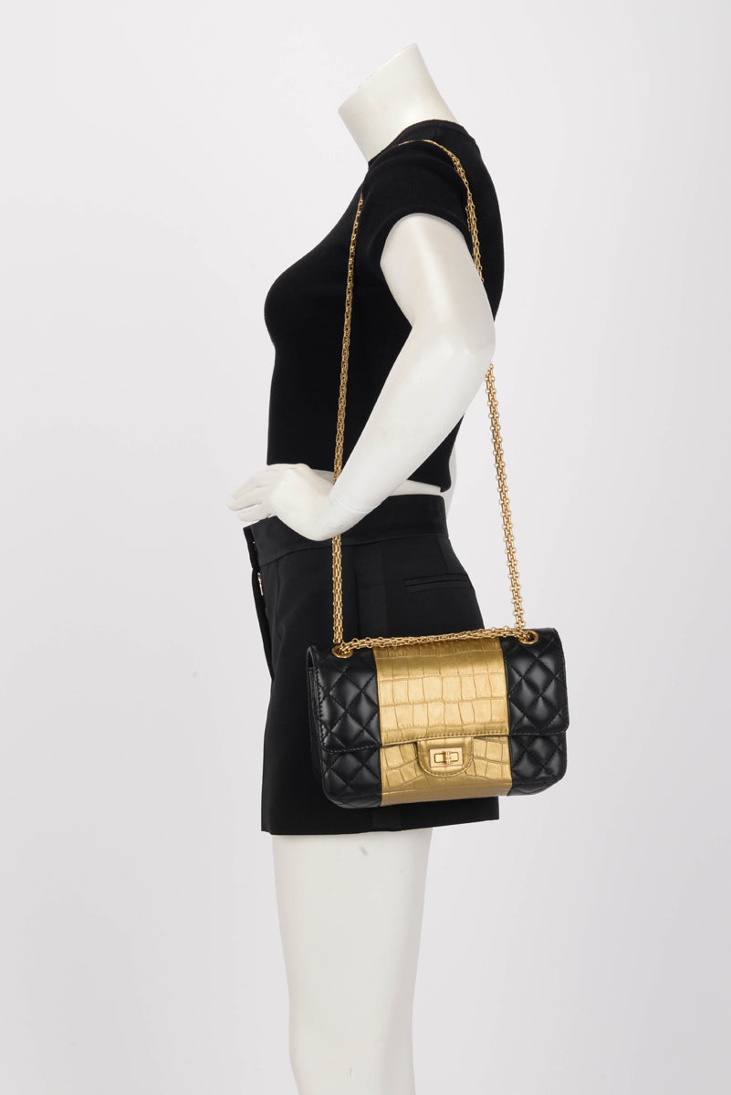 Chanel Black Lambskin Croc Embossed 2.55 Reissue 225 Flap Bag