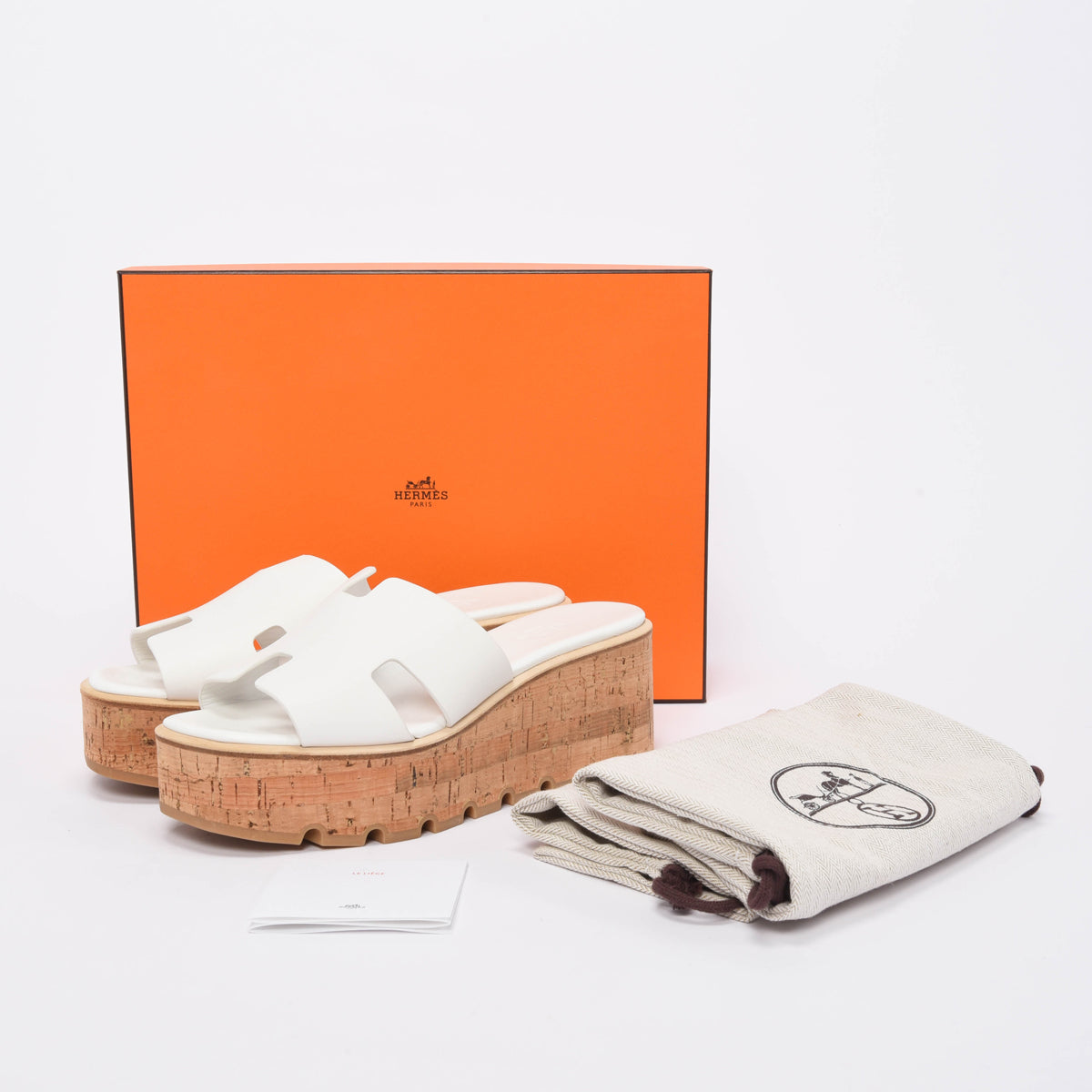 Hermes White Calfskin & Cork Eze 30 Wedges 40