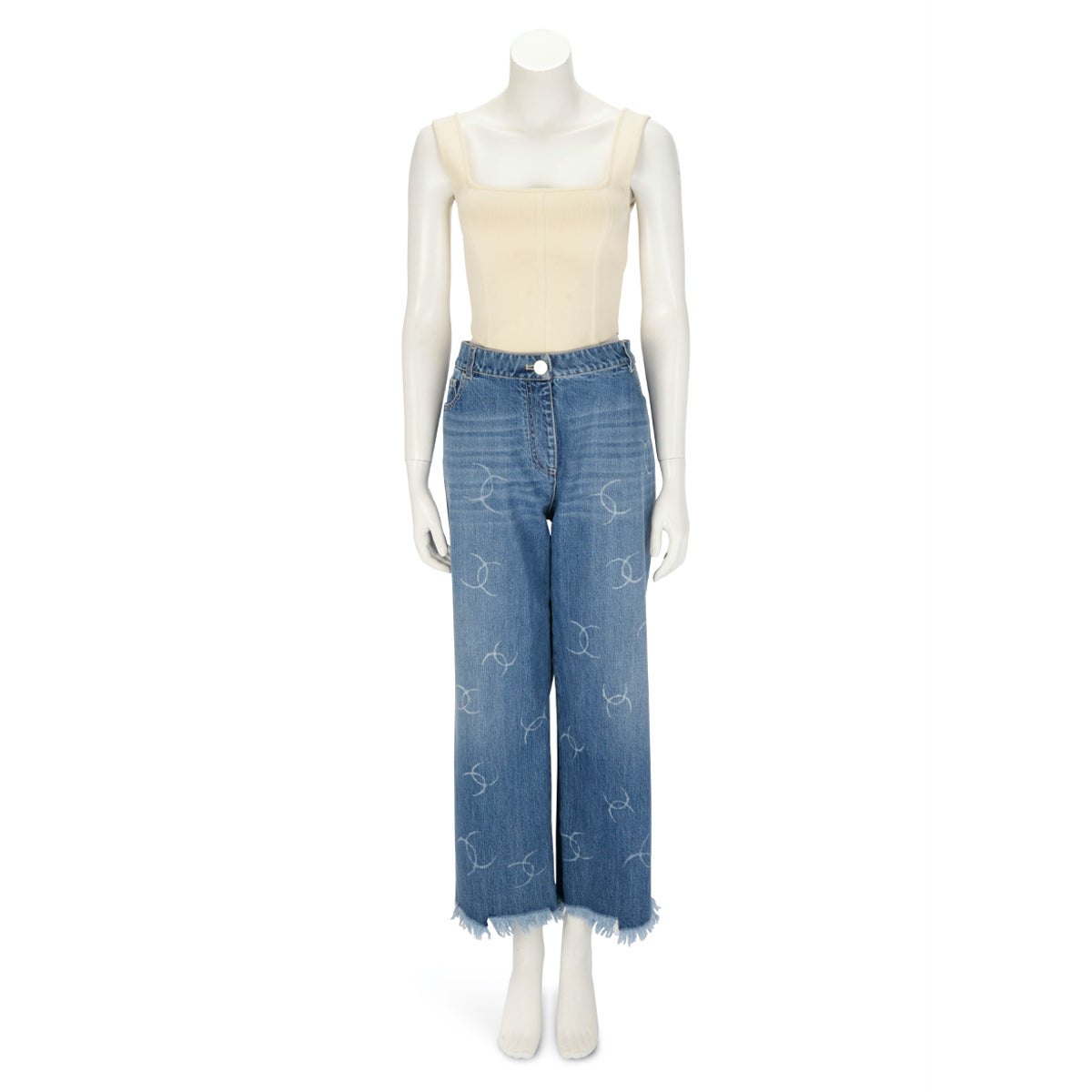 Chanel Blue Denim CC Frayed Hem Jeans FR 50