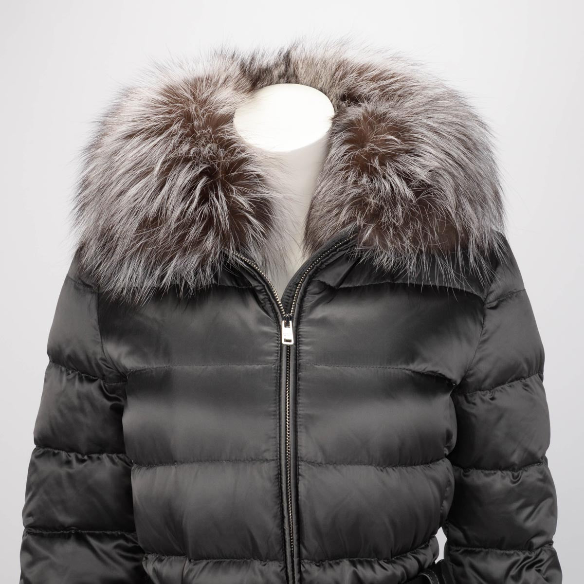 Prada Grey Nylon Belted Fur Trim Hood Puffer Jacket IT 40