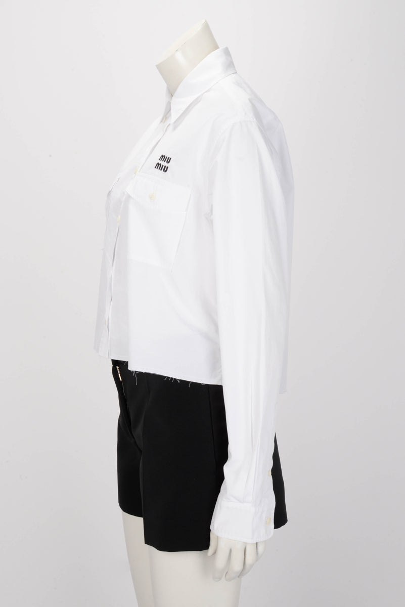 Miu Miu White Cotton Logo Embroidered Cropped Poplin Shirt IT 40